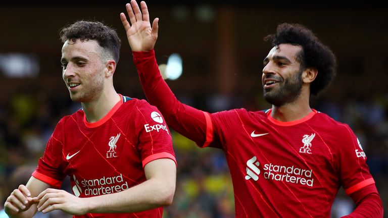 NORWICH, ENGLAND - AUGUST 14: Diogo Jota of Liverpool celebrates with teammate Mohamed Salah after scoring their side&#39;s first goal during the Premier League match between Norwich City and Liverpool at Carrow Road on August 14, 2021 in Norwich, England. (Photo by Marc Atkins/Getty Images)