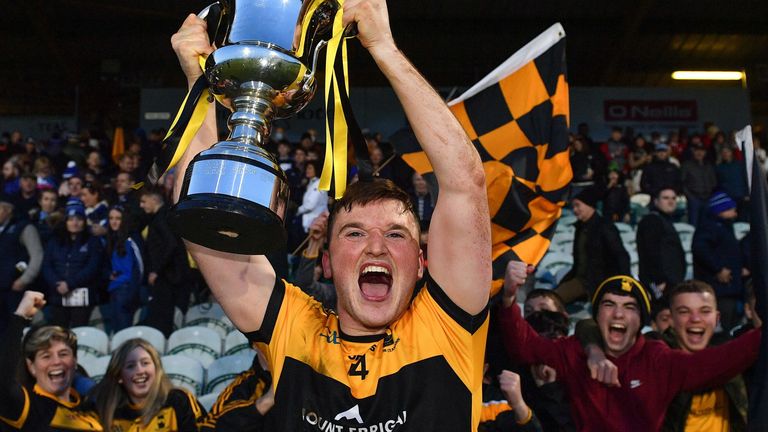 7 November 2021; St Eunan's captain Niall O'Donnell lifts the trophy after the Donegal County Senior Club Football Championship Final match between St Eunan's and Naomh Conaill at MacCumhaill Park in Ballybofey, Donegal. Photo by Ramsey Cardy/Sportsfile