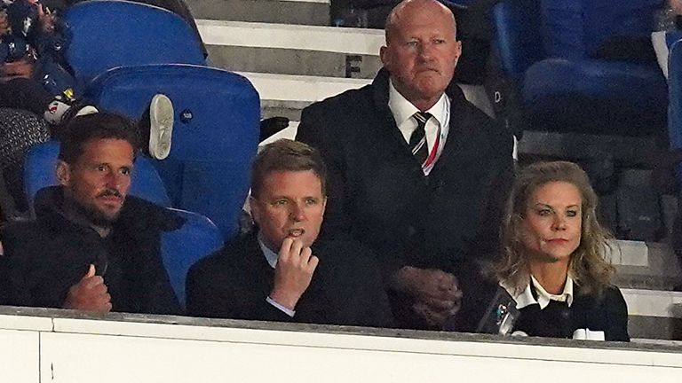 Former Bournemouth manager Eddie Howe (centre) pictured with Newcastle owner Amanda Staveley at the Amex Stadium in Brighton