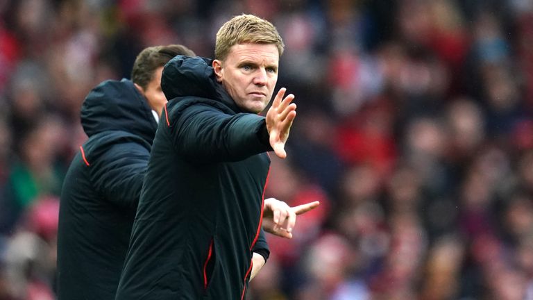 Newcastle&#39;s Eddie Howe gestures from the touchline