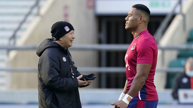 England Training - Twickenham Stadium - Friday November 5th
England head coach Eddie Jones and Manu Tuilagi during a training session at Twickenham Stadium, London. Picture date: Friday November 5, 2021.