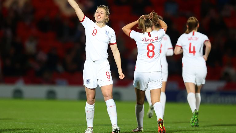 Ellen White celebrates after scoring against Latvia on her way to breaking the England Women&#39;s all-time goalscoring record