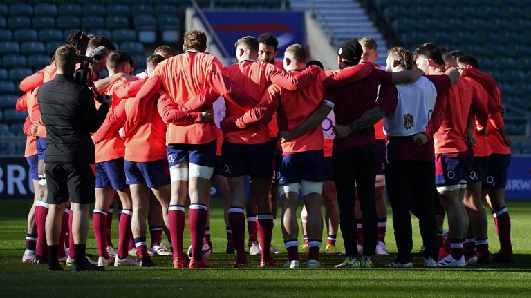 England players huddle for a team talk during a training session at Twickenham Stadium, London. Picture date: Friday November 5, 2021.