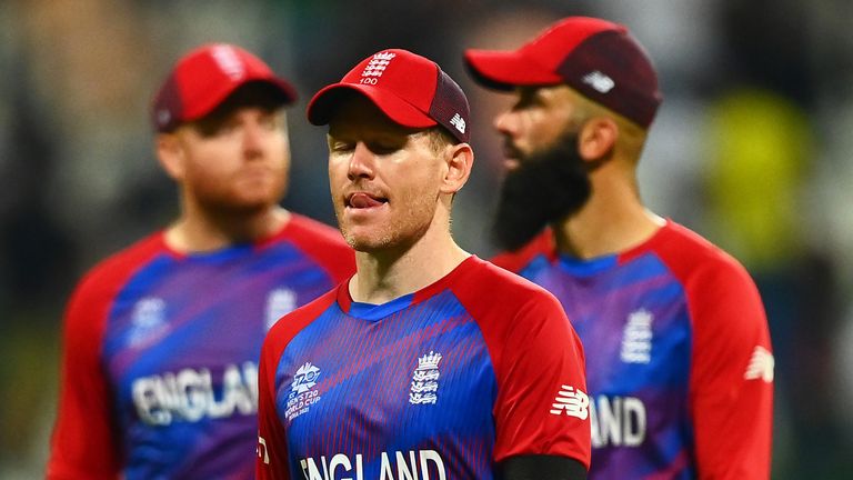 Eoin Morgan leads his England team off the field after their T20 World Cup semi-final defeat by New Zealand