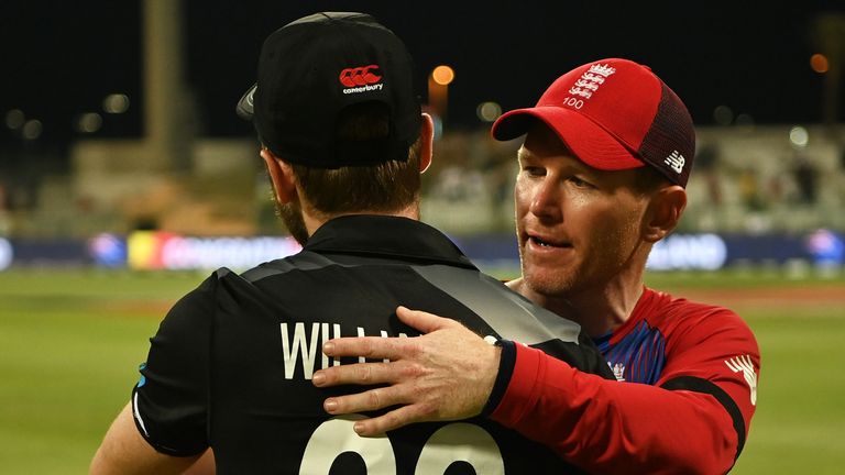 Eoin Morgan embraces Kane Williamson after England's defeat to New Zealand in the T20 World Cup semi-finals