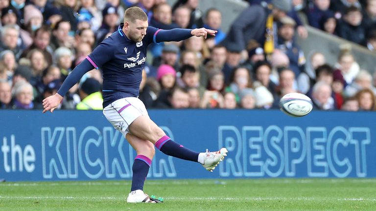 Scotland's Finn Russell scores his side's first conversion during the Autumn Internationals match at BT Murrayfield Stadium, Edinburgh. Picture date: Sunday November 7, 2021. See PA story RUGBYU Edinburgh. Photo credit should read: Steve Welsh/PA Wire. RESTRICTIONS: Use subject to restrictions. Editorial use only, no commercial use without prior consent from rights holder.