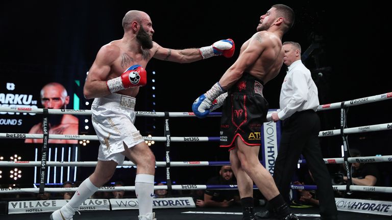 BOXXER CHANPIONSHIP BOXING.WEMBLEY ARENA.PIC;LAWRENCE LUSTIG.WELTERWEIGHT CONTEST.FLORIAN MARKU v JORICK LUISETTO
