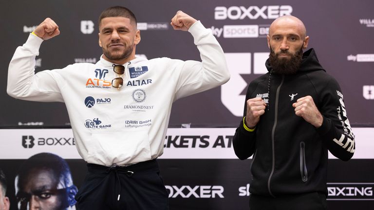 BOXXER PROMOTIONS CHAMPIONSHIP BOXING PRESS CONFERENCE.BOXPARK,.WEMBLEY.PIC;LAWRENCE LUSTIG.FLORIAN MARKUL AND JORICK LUISETTO  COME FACE TO FACE BEFORE THEIR CONTEST ON BEN SHALOM...S BOXXER PROMOTIONS NIGHT OF BOXING AT SSE ARENA,WEMBLEY ON SATURDAY(20-11-21)