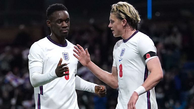 Folarin Balogun celebrates with team-mate Conor Gallagher after scoring for England U21&#39;s