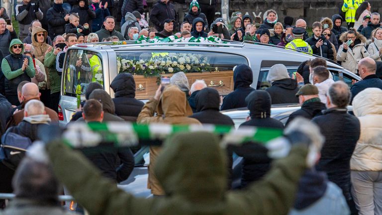 Former Celtic player Bertie Auld's funeral cortege passes Celtic Park