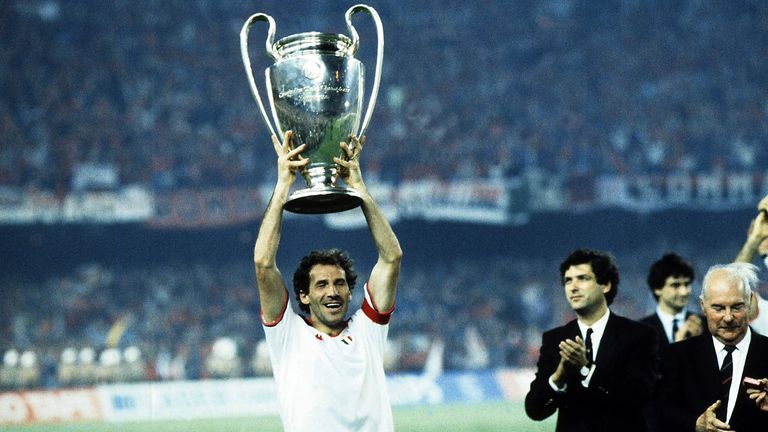 Legendary AC Milan captain Franco Baresi lifts the European Cup