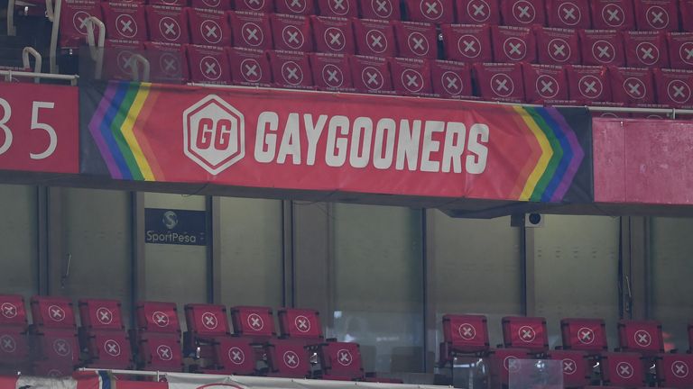 LONDON, ENGLAND - DECEMBER 13: A Gay Gooners banner is displayed in the stadium during the Premier League match between Arsenal and Burnley at Emirates Stadium on December 13, 2020 in London, England. (Photo by David Price/Arsenal FC via Getty Images)
