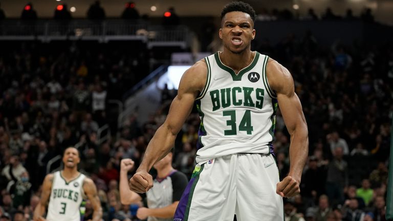 Milwaukee Bucks&#39; Giannis Antetokounmpo reacts after makin g a shot and being fouled during the second half of an NBA basketball game against the Los Angeles Lakers Wednesday, Nov. 17, 2021, in Milwaukee. The Bucks won 109-102. 