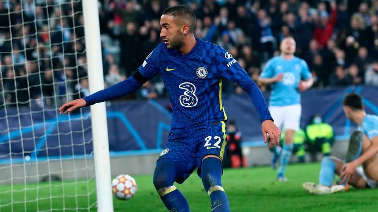 Hakim Ziyech celebrates scoring for Chelsea against Malmo