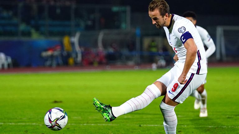 Harry Kane converts a penalty for England in their victory over San Marino