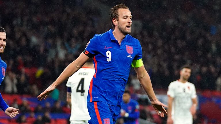 Harry Kane celebrates after putting England 2-0 against Albania