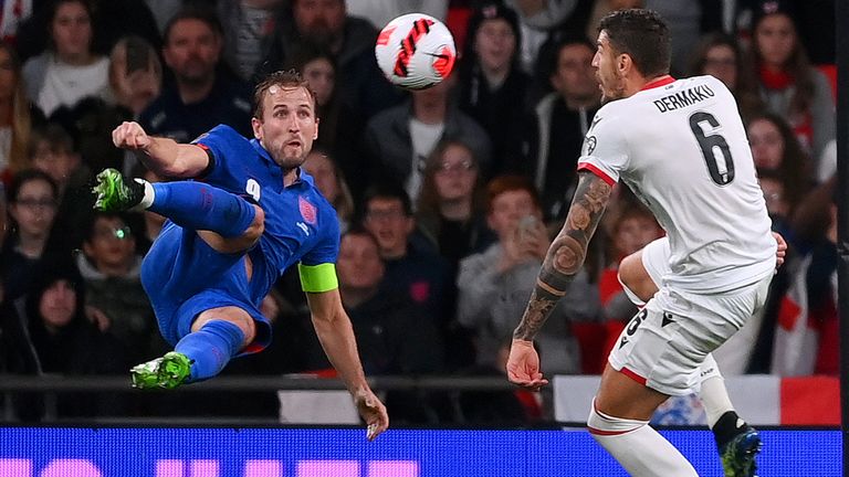 Harry Kane completes his hat-trick against Albania with a brilliant scissor kick