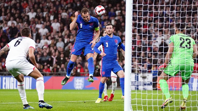 Harry Kane scores England's second goal against Albania