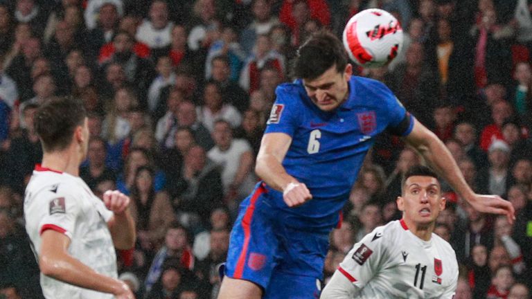 England's Harry Maguire scores against Albania