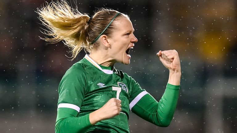 30 November 2021; Diane Caldwell of Republic of Ireland celebrates her side's first goal, after an own goal by Maiko Bebia of Georgia, during the FIFA Women's World Cup 2023 qualifying group A match between Republic of Ireland and Georgia at Tallaght Stadium in Dublin. Photo by Stephen McCarthy/Sportsfile