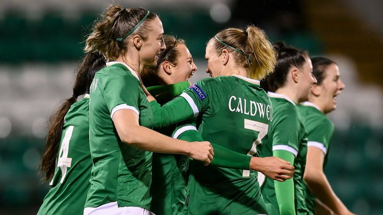 30 November 2021; Kyra Carusa of Republic of Ireland, centre, is congratulated by teammates Louise Quinn, left, and Diane Caldwell, right, during the FIFA Women&#39;s World Cup 2023 qualifying group A match between Republic of Ireland and Georgia at Tallaght Stadium in Dublin. Photo by Stephen McCarthy/Sportsfile