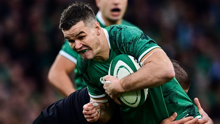 13 November 2021; Jonathan Sexton of Ireland is tackled by Nepo Laulala of New Zealand during the Autumn Nations Series match between Ireland and New Zealand at Aviva Stadium in Dublin. Photo by Brendan Moran/Sportsfile