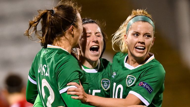 30 November 2021; Lucy Quinn of Republic of Ireland celebrates with teammates Kyra Carusa, left, and Denise O&#39;Sullivan, right, after scoring her side&#39;s third goal during the FIFA Women&#39;s World Cup 2023 qualifying group A match between Republic of Ireland and Georgia at Tallaght Stadium in Dublin. Photo by Stephen McCarthy/Sportsfile