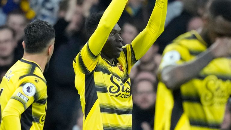 Ismaila Sarr celebrates scoring Watford's second goal after missing an earlier penalty (AP)