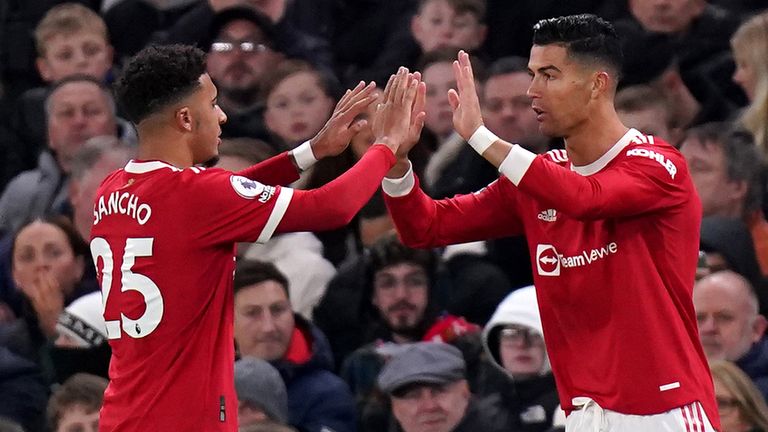 Jadon Sancho is replaced by team-mate Cristiano Ronaldo in the second half