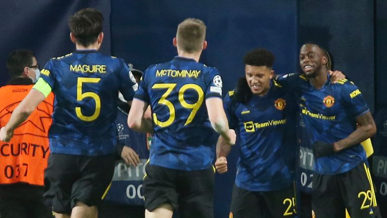 Jadon Sancho celebrates with team-mates after putting Manchester United 2-0 up at Villarreal