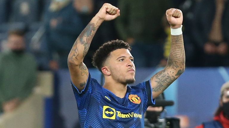 Manchester United's Jadon Sancho celebrates after the 2-0 Champions League win at Villarreal