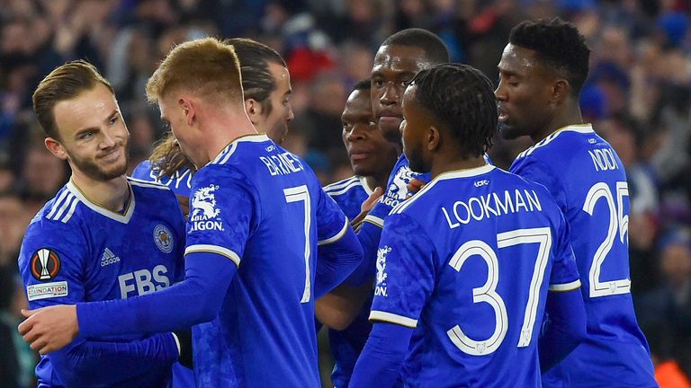 James Maddison, left, is congratulated by team-mates after scoring Leicester's second goal