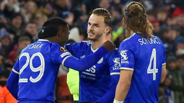 James Maddison celebrates scoring for Leicester 