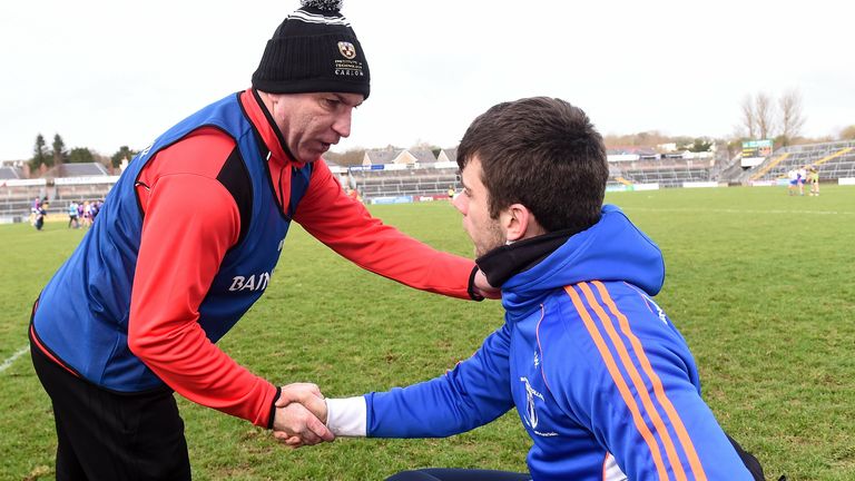 25 February 2017; IT Carlow manager DJ Carey congratulates Mary Immaculate College Limerick manager Jamie Wall after the final whistle at the Independent.ie HE GAA Fitzgibbon Cup Final match between IT Carlow and Mary Immaculate College Limerick at Pearse Stadium in Galway. Photo by Matt Browne/Sportsfile