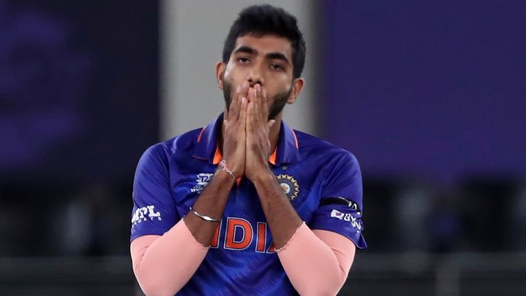 India's Jasprit Bumrah reacts after bowling a delivery during the Cricket Twenty20 World Cup match between India and Namibia in Dubai, UAE