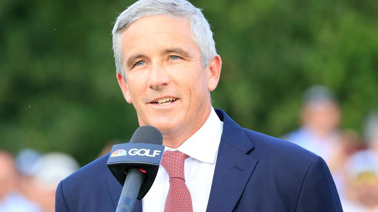 ATLANTA, GA - SEPTEMBER 05: PGA Tour commissioner Jay Monahan delivers some words to the crowd on the 18th green after the final round of the TOUR Championship on September 05, 2021 at the East Lake Club in Atlanta, Georgia.  (Photo by David J. Griffin/Icon Sportswire)