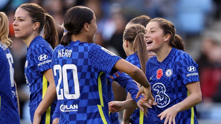 Jessie Fleming celebrates scoring for Chelsea Women against Man City