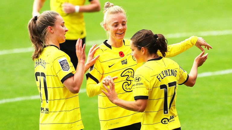 Chelsea's Jessie Fleming (right) celebrates with her teammates after scoring