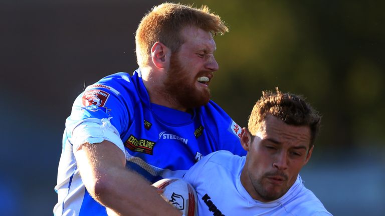 TORONTO, ON - SEPTEMBER 09: Greg Worthington #3 of Toronto Wolfpack is tackled by Joe Bullock #8 of Barrow Raiders during a Kingstone Press League 1 Super 8s match at Lamport Stadium on September 9, 2017 in Toronto, Canada. (Photo by Vaughn Ridley/SWpix.com)