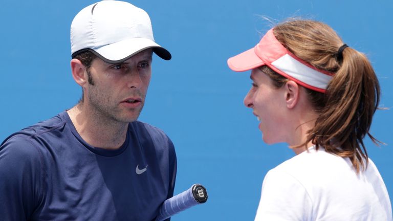 Johanna Konta of Great Britain talks with her coach Esteban Carril in her practice session during day nine of the 2016 Australian Open at Melbourne Park on January 26, 2016 in Melbourne, Australia. (Photo by Darrian Traynor/Getty Images)