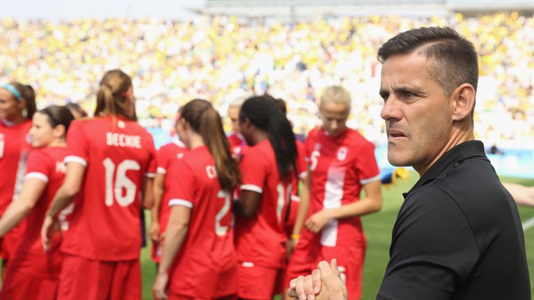 SAO PAULO, BRAZIL - AUGUST 19: Canadian coach John Heardman looks on before the Women's Football Bronze Medal match between Brazil and Canada on Day 14 of the Rio 2016 Olympic Games at Arena Corinthians on August 19, 2016 in Sao Paulo, Brazil.  (Photo by Robert Cianflone - FIFA/FIFA via Getty Images)