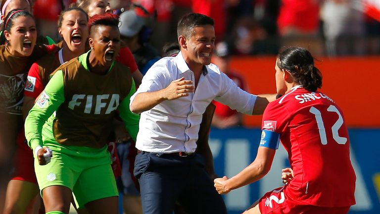 John Herdman and Christine Sinclair during the FIFA Women's World Cup Canada 2015 Group A match between Canada and China PR at Commonwealth Stadium on June 6, 2015 in Edmonton, Canada.