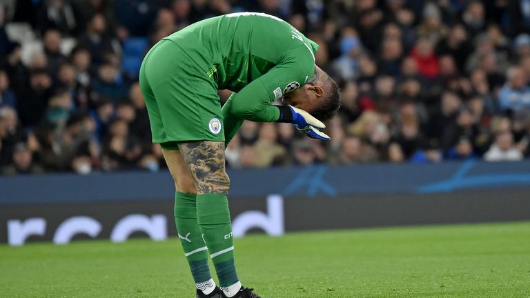 Ederson reacts after John Stones' own goal