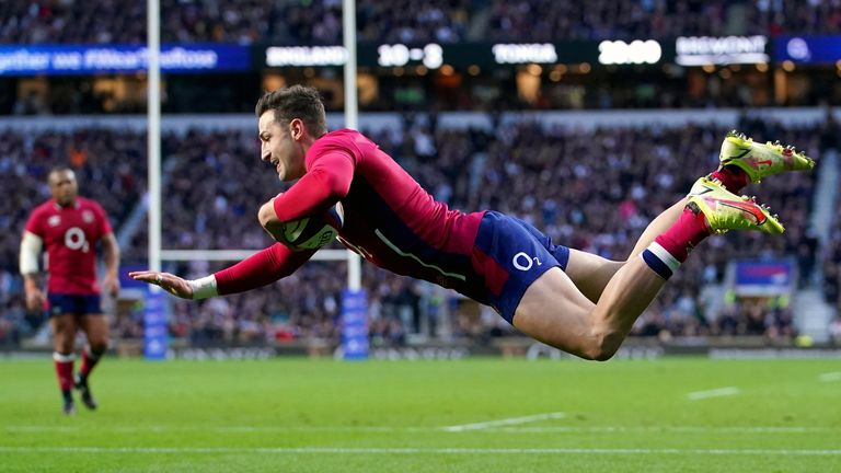 England's Jonny May scores their side's third try of the game during the Autumn Internationals match at Twickenham Stadium, London. Picture date: Saturday November 6, 2021. See PA story RUGBYU England. Photo credit should read: Adam Davy/PA Wire. RESTRICTIONS: Use subject to restrictions. Editorial use only, no commercial use without prior consent from rights holder.