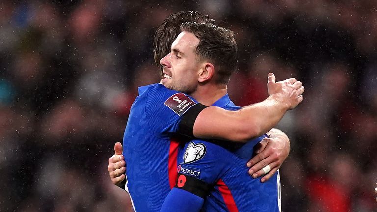 Jordan Henderson celebrates his goal for England against Albania