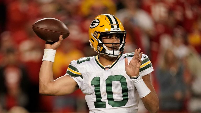 Green Bay Packers quarterback Jordan Love throws during the second half of an NFL football game against the Kansas City Chiefs 