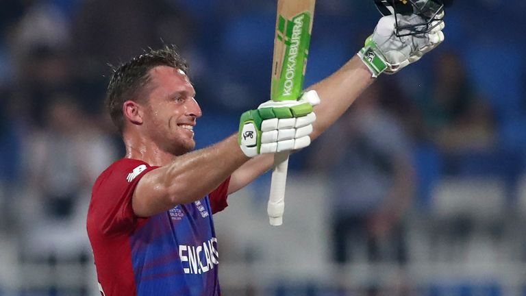 England&#39;s Jos Buttler celebrates a century at the T20 World Cup against Sri Lanka