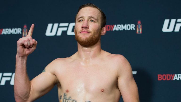 Justin Gaethje poses at a UFC Fight Night Vancouver official weigh-in (pic: Jonathan Hayward/The Canadian Press via AP)