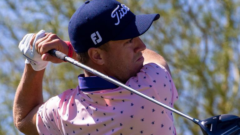 LAS VEGAS, NV - OCTOBER 15: Justin Thomas tees off on the fourth hole during the second round of the CJ Cup on October 15, 2021 at the Summit Club in Las Vegas, NV. (Photo by Matthew Bolt/Icon Sportswire)