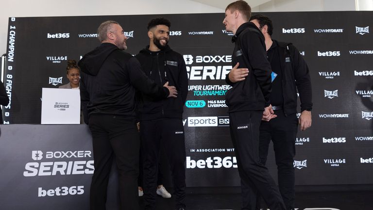 BOXXER  SERIES SUPER LIGHTWEIGHT PRESS CONFERENCE AND DRAW.LIVER BUILDING,.LIVERPOOL.PIC;LAWRENCE LUSTIG.KANE GARDNER and NATHAN BENNETT AT THE DRAW FOR THE BOXXER SERIES SUPER LIGHTWEIGHT TOURNAMENT AT THE M&S BANK ARENA LIVERPOOL ON SATURDAY(6-11-21).